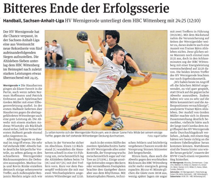 Spielbericht zum Spiel der 1. Männermannschaft gegen Wittenberg